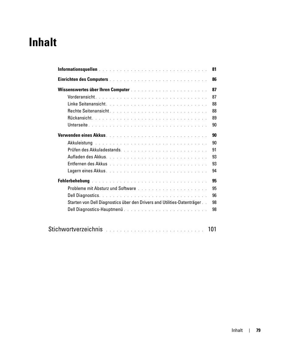 Inhalt, Stichwortverzeichnis | Dell Latitude D630 ATG (Mid 2007) User Manual | Page 79 / 176