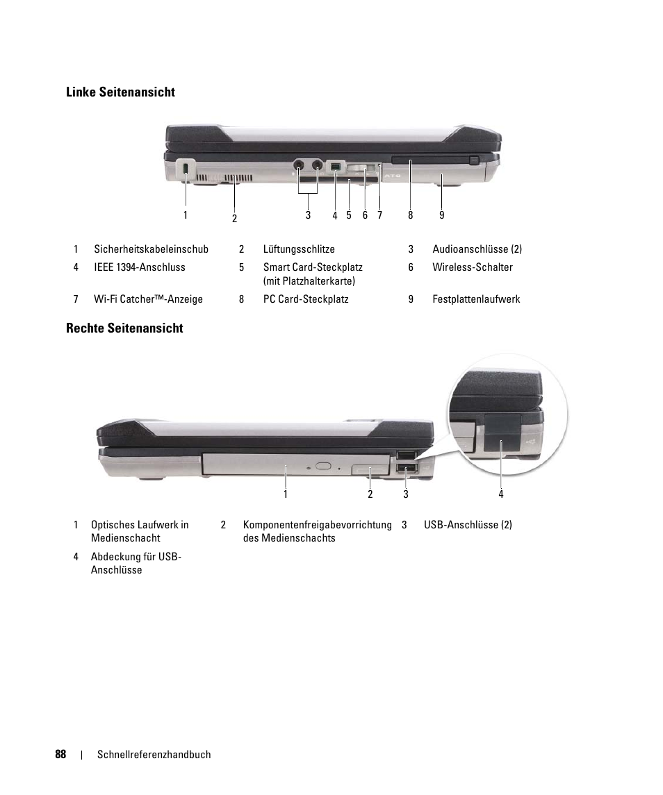 Linke seitenansicht, Rechte seitenansicht, Linke seitenansicht rechte seitenansicht | Dell Latitude D630 ATG (Mid 2007) User Manual | Page 88 / 176