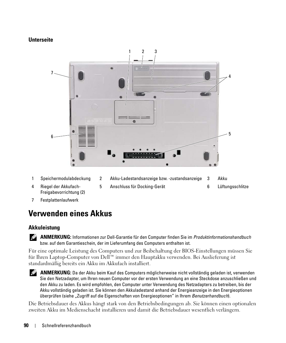 Unterseite, Verwenden eines akkus, Akkuleistung | Dell Latitude D630 ATG (Mid 2007) User Manual | Page 90 / 176