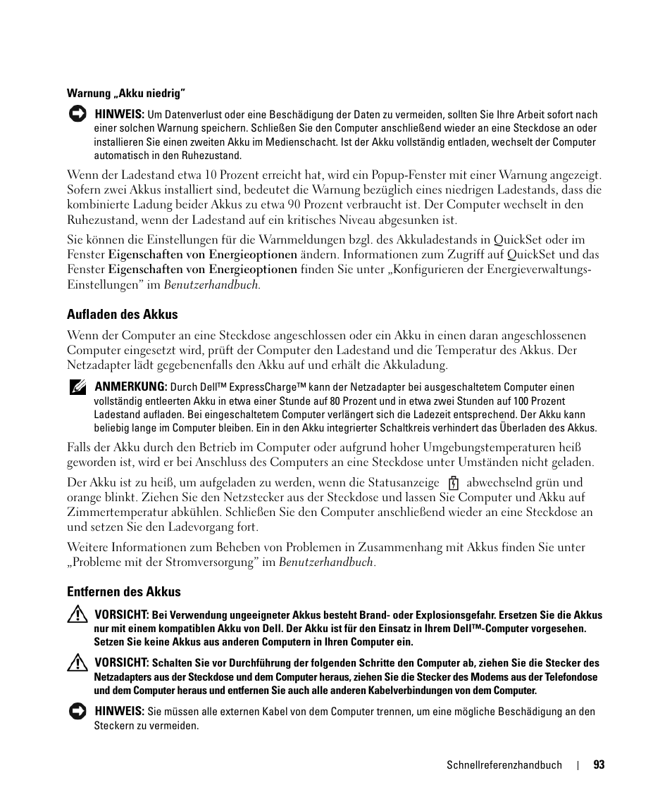 Aufladen des akkus, Entfernen des akkus | Dell Latitude D630 ATG (Mid 2007) User Manual | Page 93 / 176