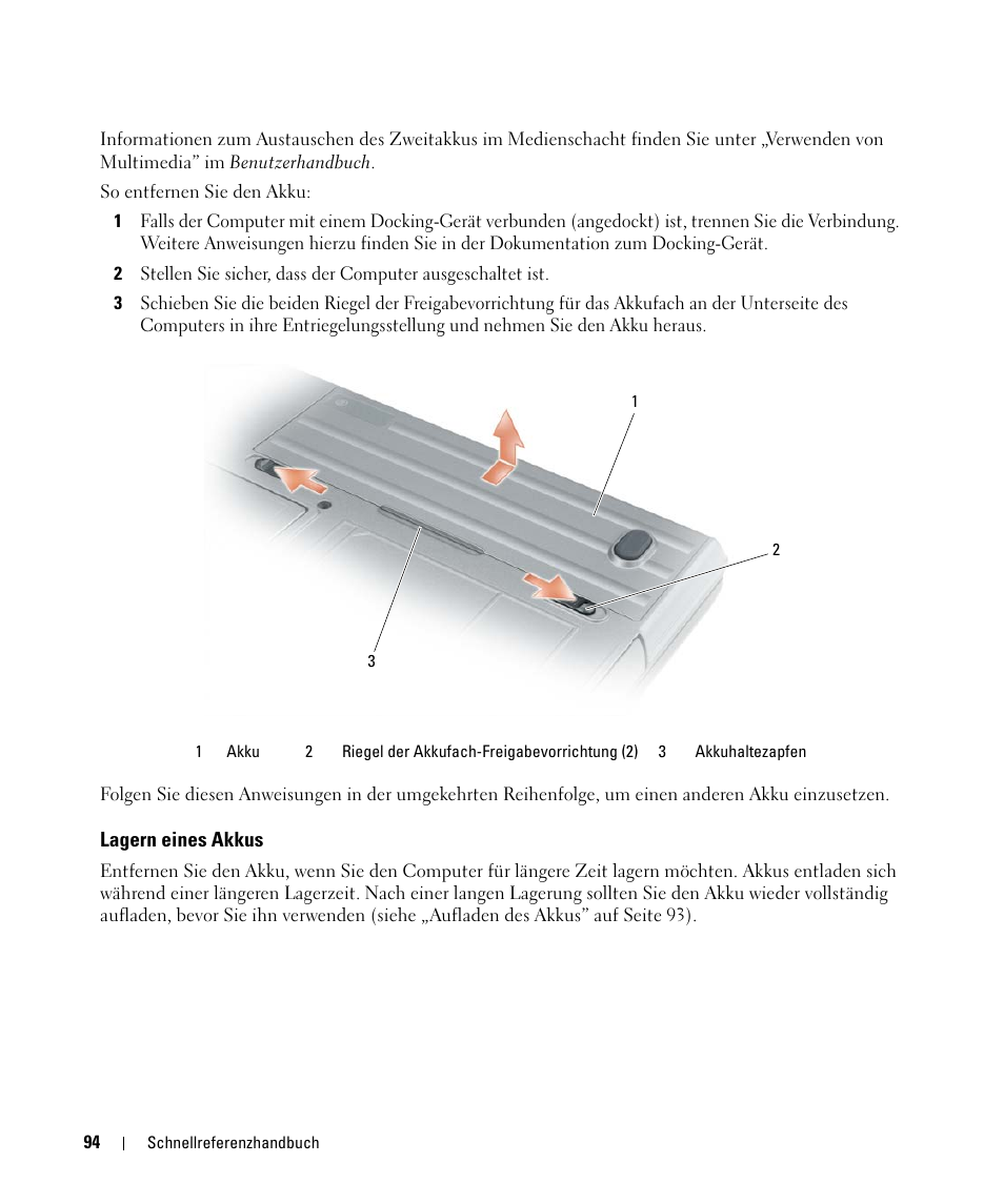 Lagern eines akkus | Dell Latitude D630 ATG (Mid 2007) User Manual | Page 94 / 176