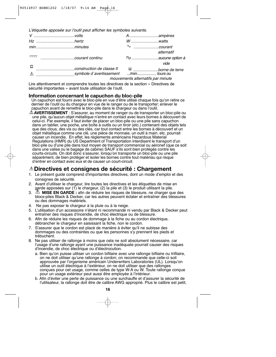 Directives et consignes de sécurité : chargement | Black & Decker BDBN1802 User Manual | Page 16 / 32