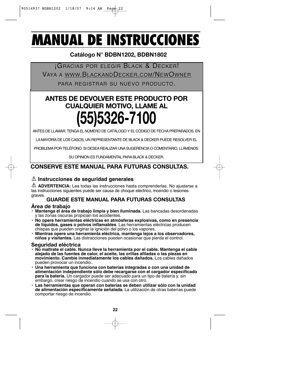Manual de instrucciones | Black & Decker BDBN1802 User Manual | Page 22 / 32