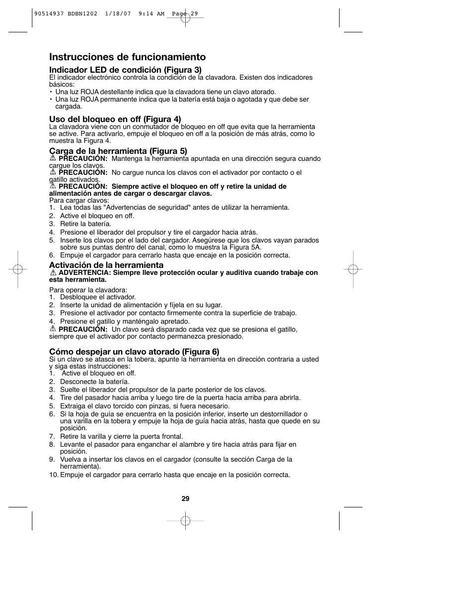 Instrucciones de funcionamiento | Black & Decker BDBN1802 User Manual | Page 29 / 32