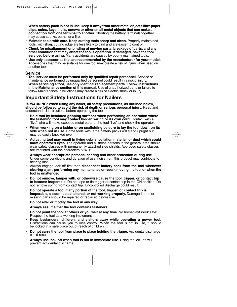 Important safety instructions for nailers | Black & Decker BDBN1802 User Manual | Page 3 / 32