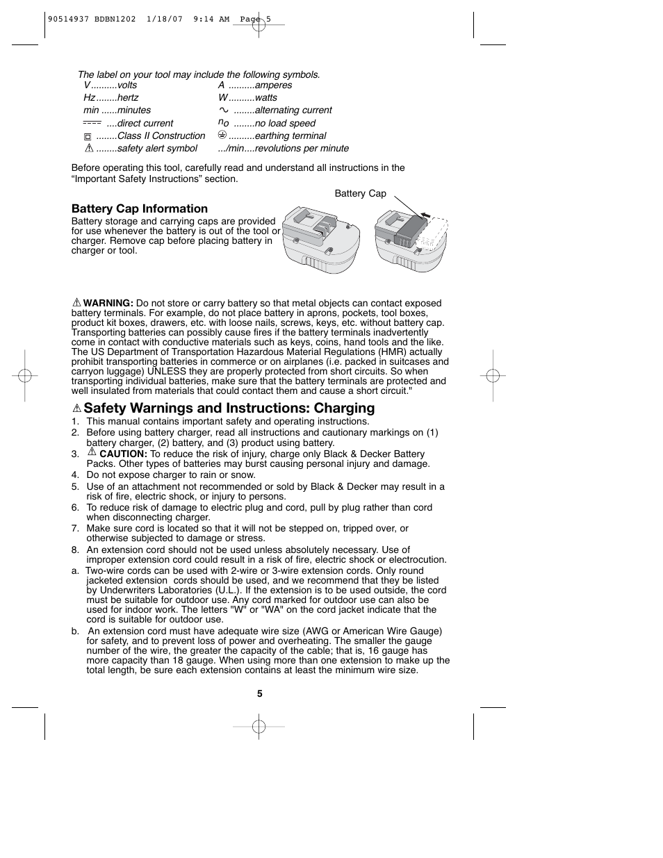 Safety warnings and instructions: charging | Black & Decker BDBN1802 User Manual | Page 5 / 32