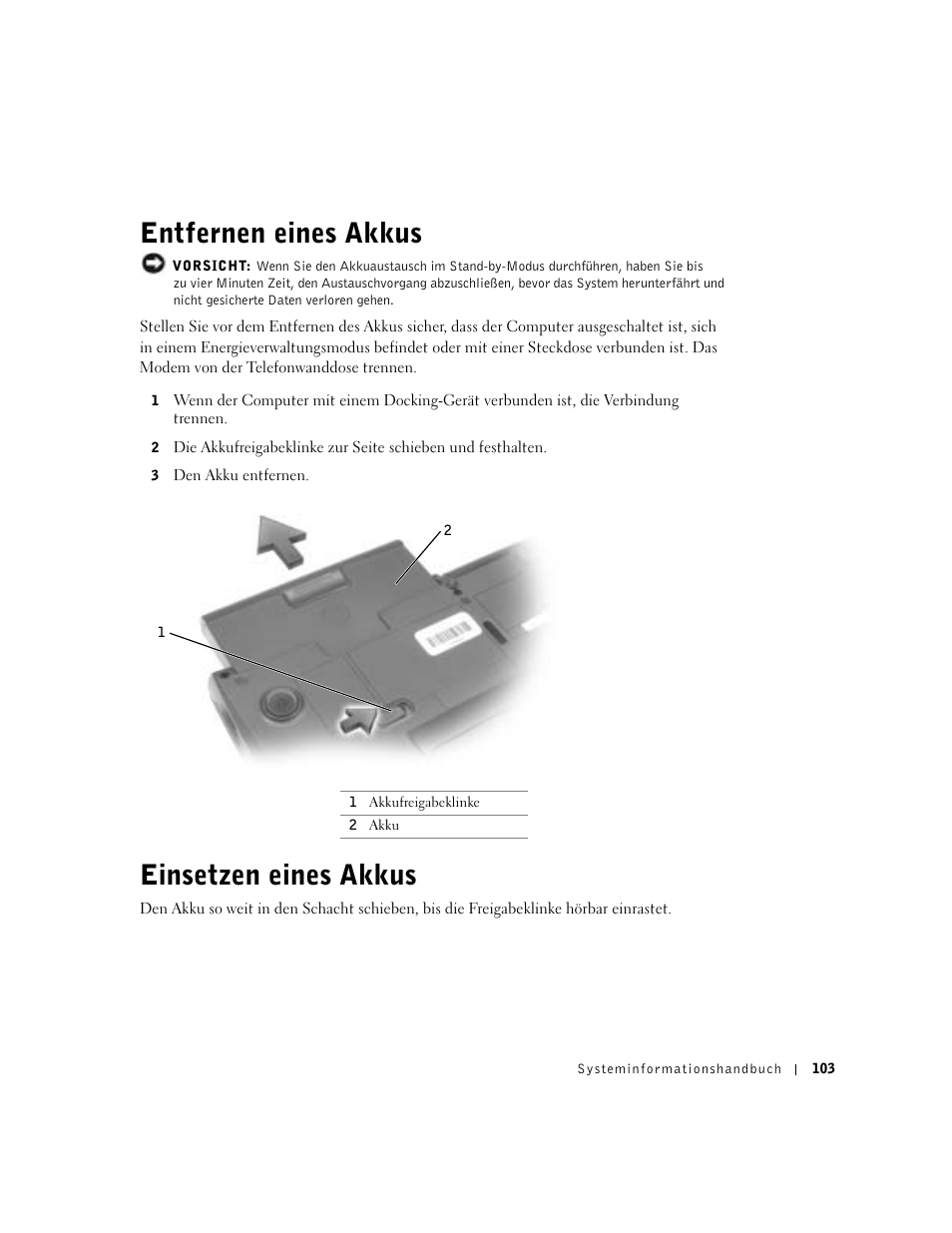 Entfernen eines akkus, Einsetzen eines akkus | Dell Latitude C640 User Manual | Page 105 / 192