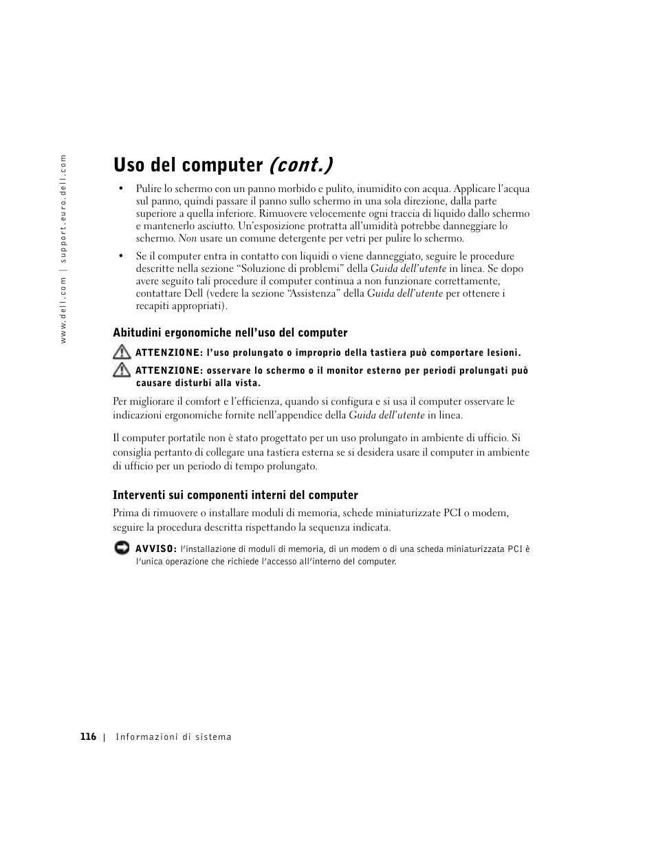 Abitudini ergonomiche nell’uso del computer, Interventi sui componenti interni del computer, Uso del computer (cont.) | Dell Latitude C640 User Manual | Page 118 / 192