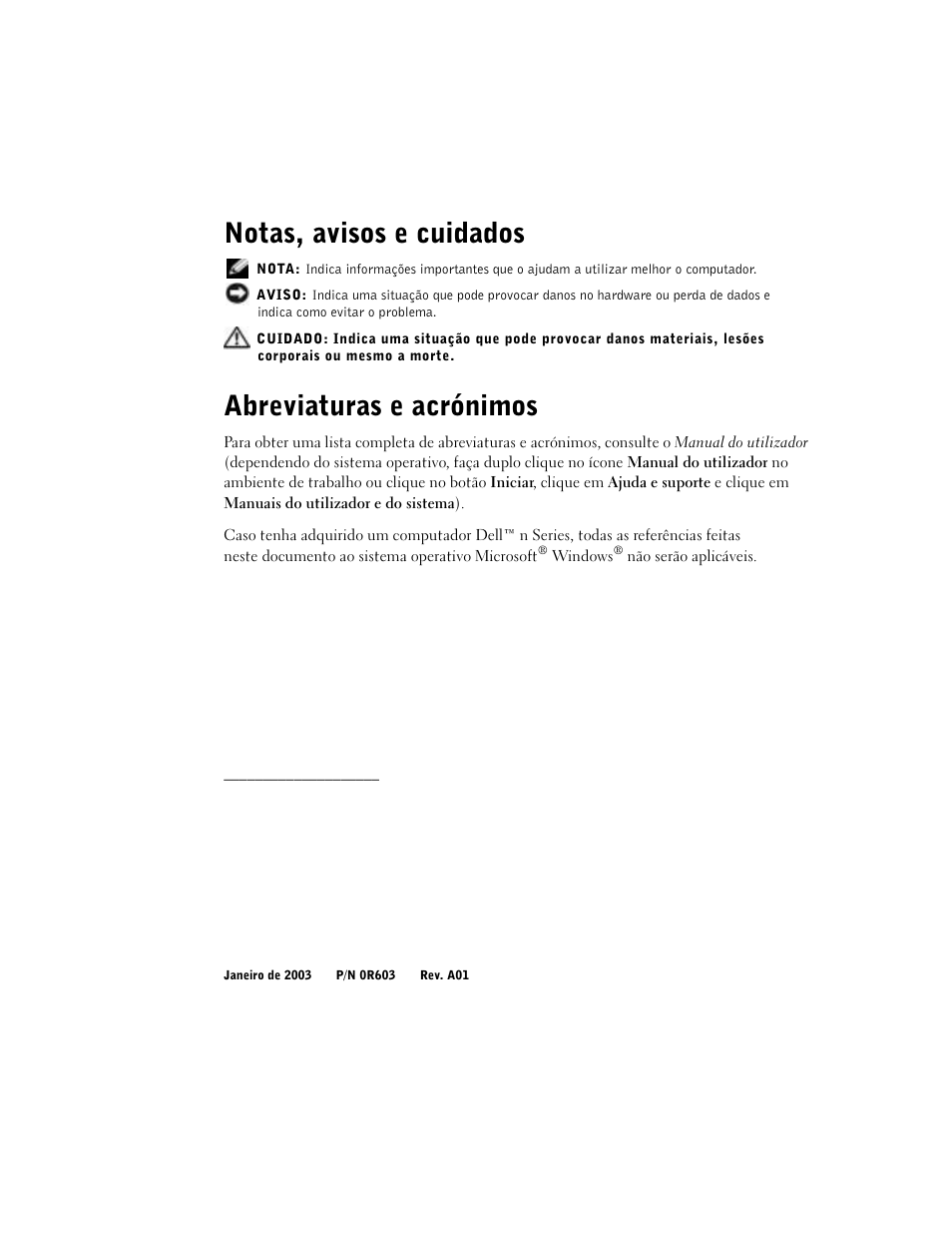 Notas, avisos e cuidados, Abreviaturas e acrónimos | Dell Latitude C640 User Manual | Page 136 / 192