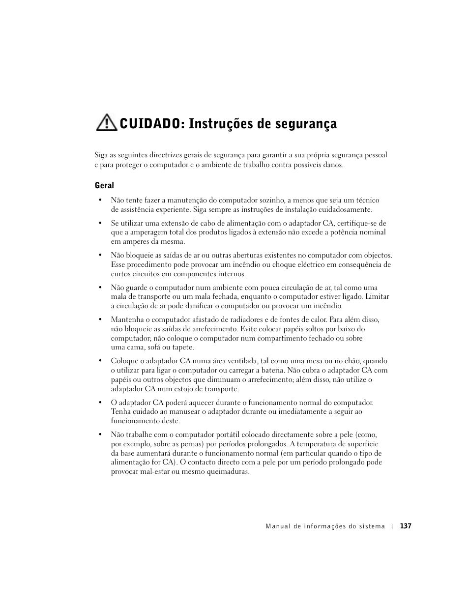 Cuidado: instruções de segurança, Geral | Dell Latitude C640 User Manual | Page 139 / 192