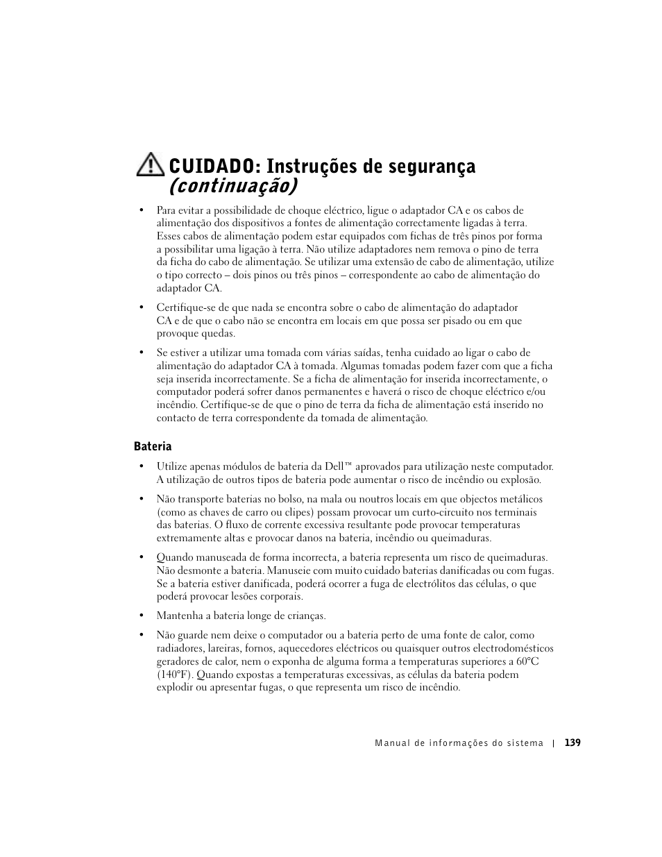 Bateria, Cuidado: instruções de segurança (continuação) | Dell Latitude C640 User Manual | Page 141 / 192