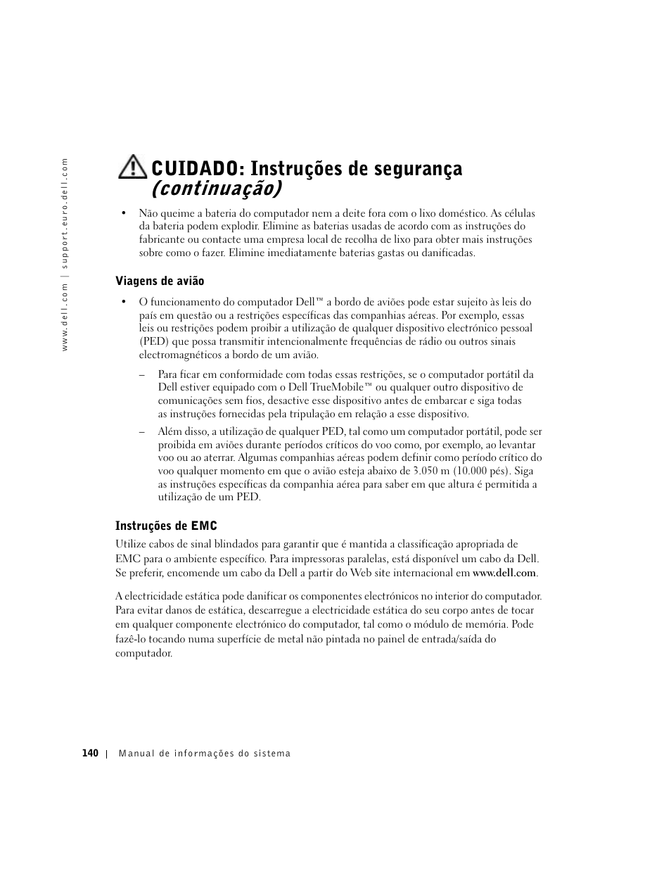 Viagens de avião, Instruções de emc, Cuidado: instruções de segurança (continuação) | Dell Latitude C640 User Manual | Page 142 / 192