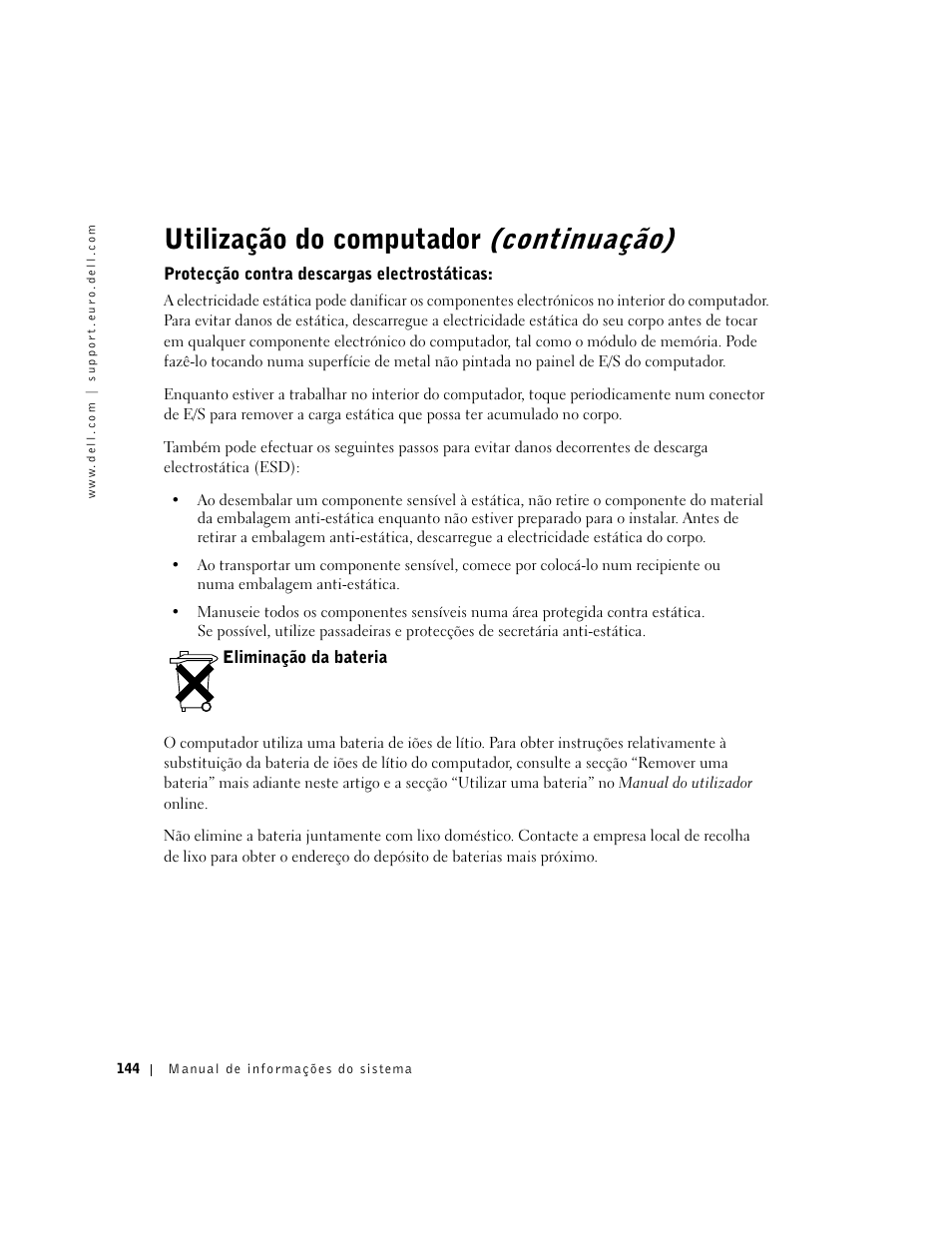 Protecção contra descargas electrostáticas, Eliminação da bateria, Utilização do computador (continuação) | Dell Latitude C640 User Manual | Page 146 / 192