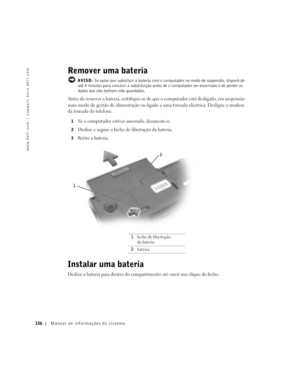 Remover uma bateria, Instalar uma bateria | Dell Latitude C640 User Manual | Page 158 / 192