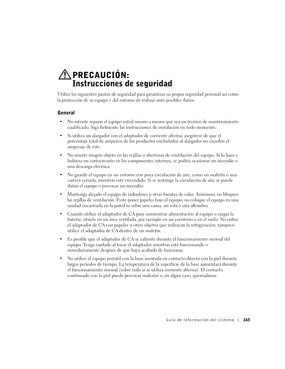 Precaución: instrucciones de seguridad, General | Dell Latitude C640 User Manual | Page 167 / 192