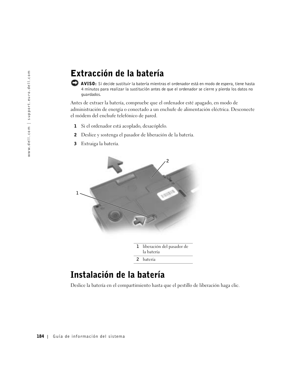 Extracción de la batería, Instalación de la batería | Dell Latitude C640 User Manual | Page 186 / 192