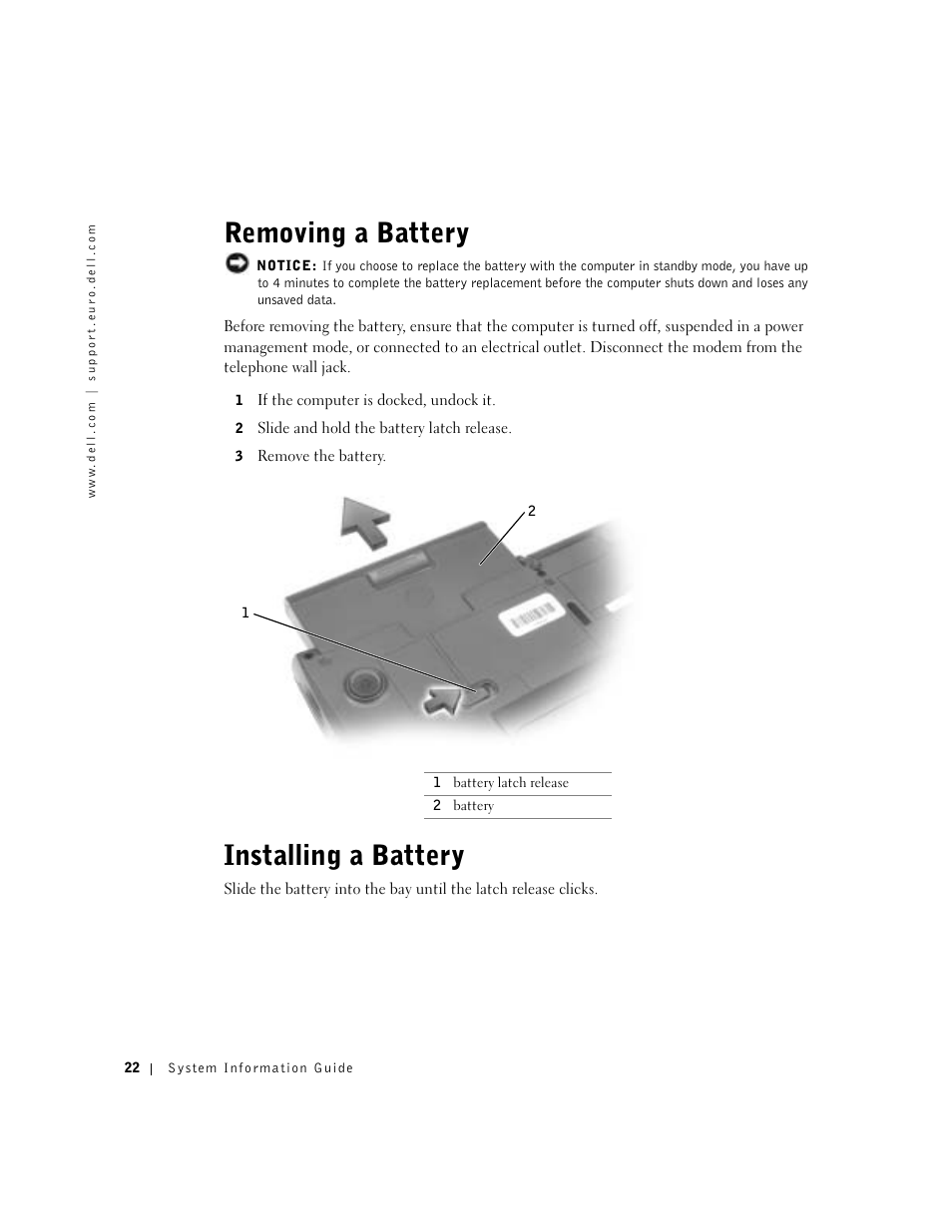 Removing a battery, Installing a battery | Dell Latitude C640 User Manual | Page 24 / 192