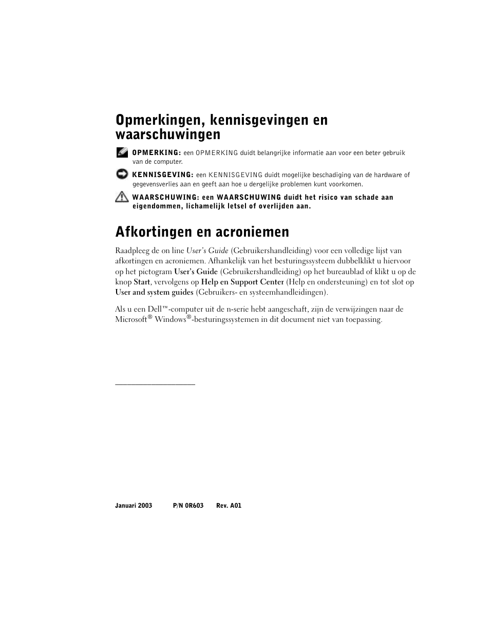 Opmerkingen, kennisgevingen en waarschuwingen, Afkortingen en acroniemen | Dell Latitude C640 User Manual | Page 28 / 192