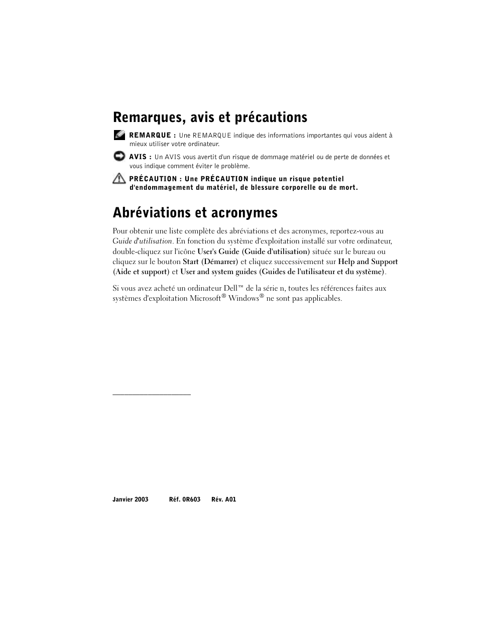 Remarques, avis et précautions, Abréviations et acronymes | Dell Latitude C640 User Manual | Page 56 / 192