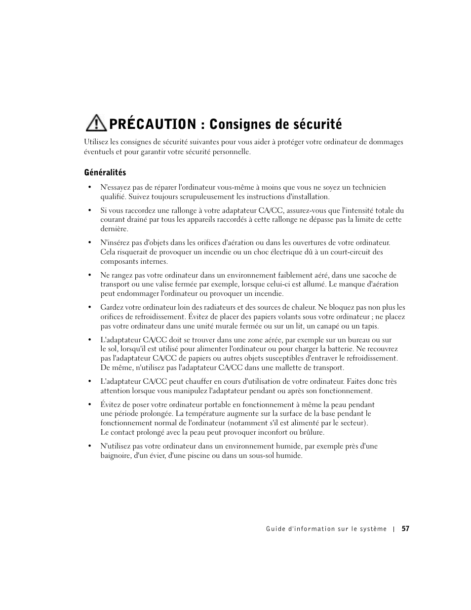 Précaution : consignes de sécurité, Généralités | Dell Latitude C640 User Manual | Page 59 / 192