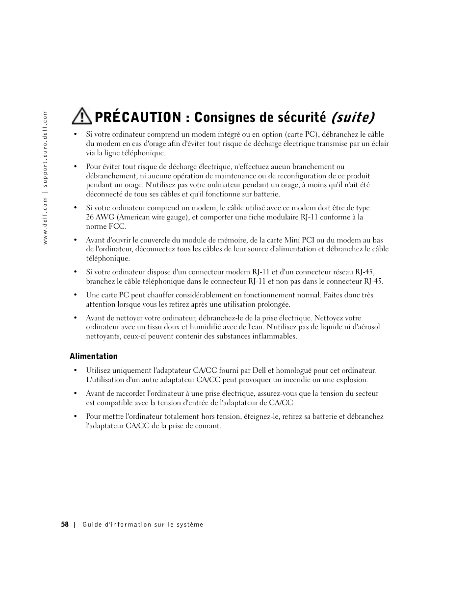 Alimentation, Précaution : consignes de sécurité (suite) | Dell Latitude C640 User Manual | Page 60 / 192