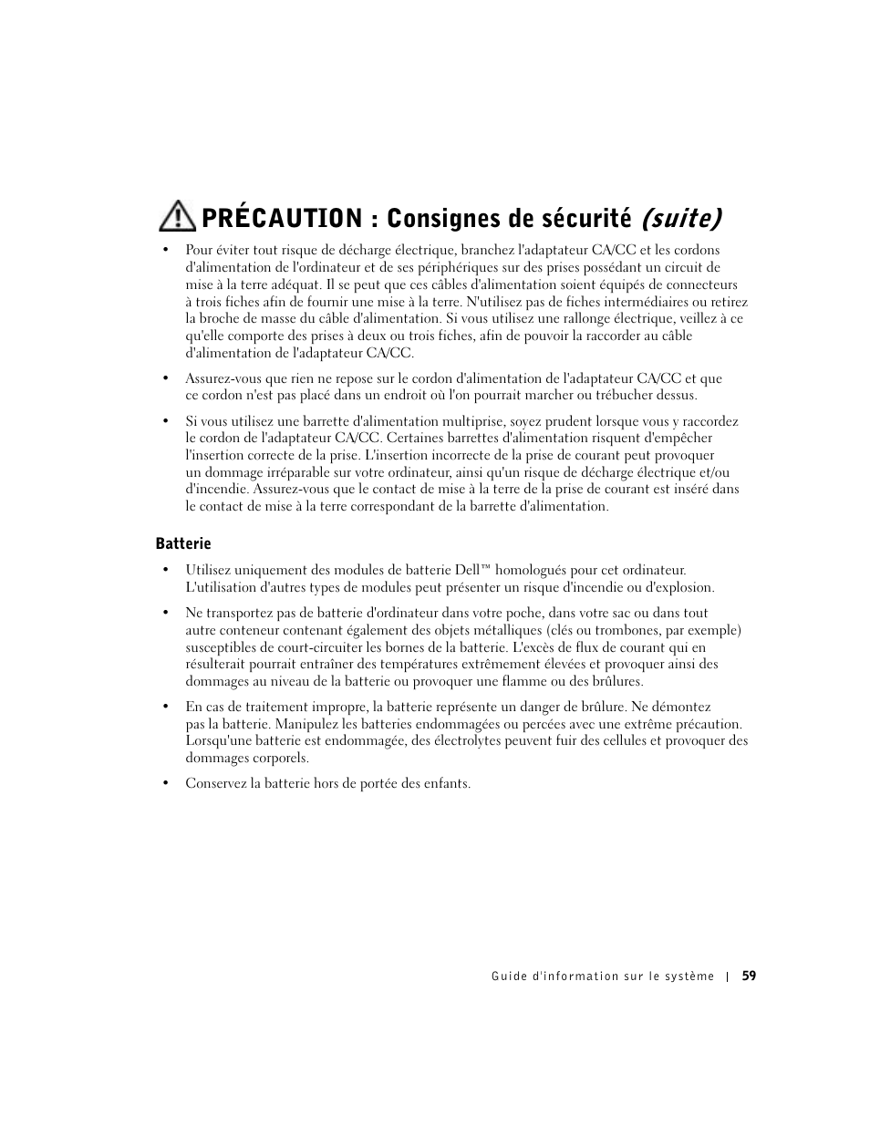 Batterie, Précaution : consignes de sécurité (suite) | Dell Latitude C640 User Manual | Page 61 / 192