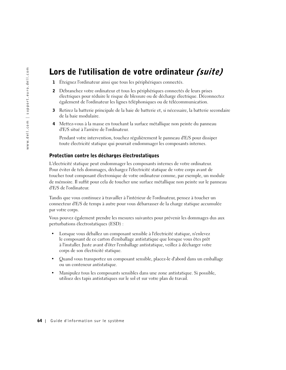 Protection contre les décharges électrostatiques, Lors de l'utilisation de votre ordinateur (suite) | Dell Latitude C640 User Manual | Page 66 / 192