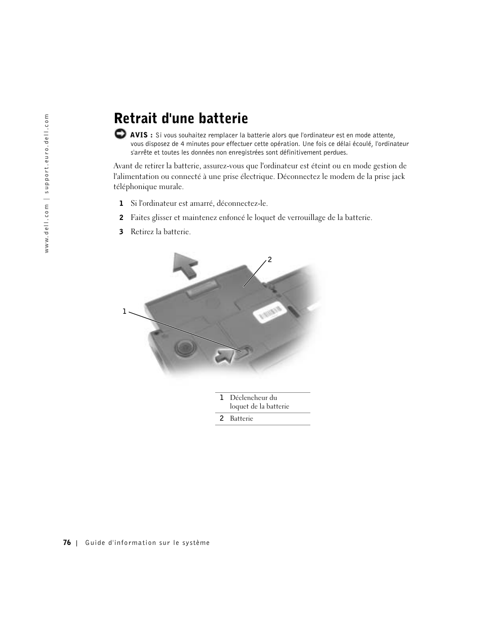 Retrait d'une batterie | Dell Latitude C640 User Manual | Page 78 / 192