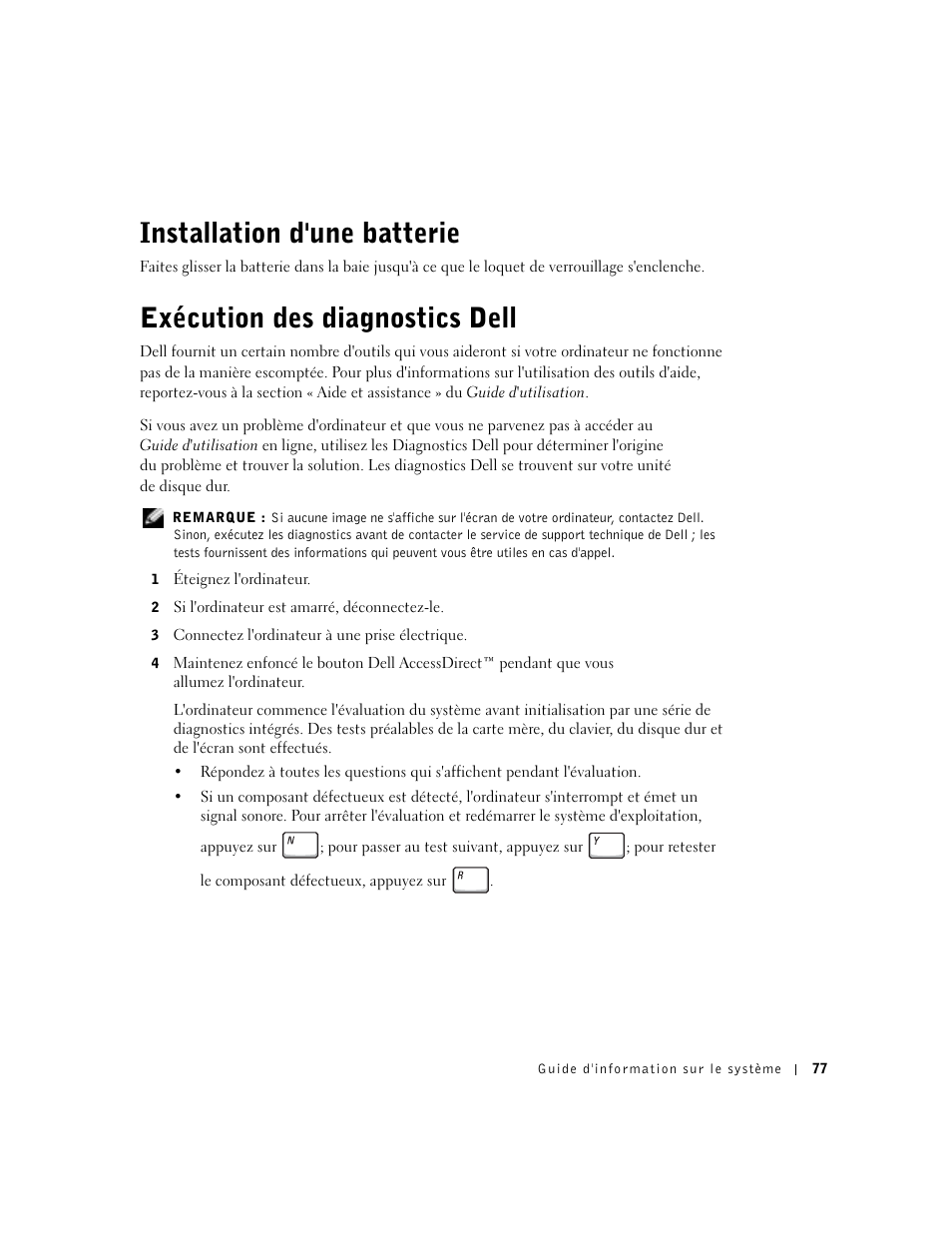 Installation d'une batterie, Exécution des diagnostics dell | Dell Latitude C640 User Manual | Page 79 / 192