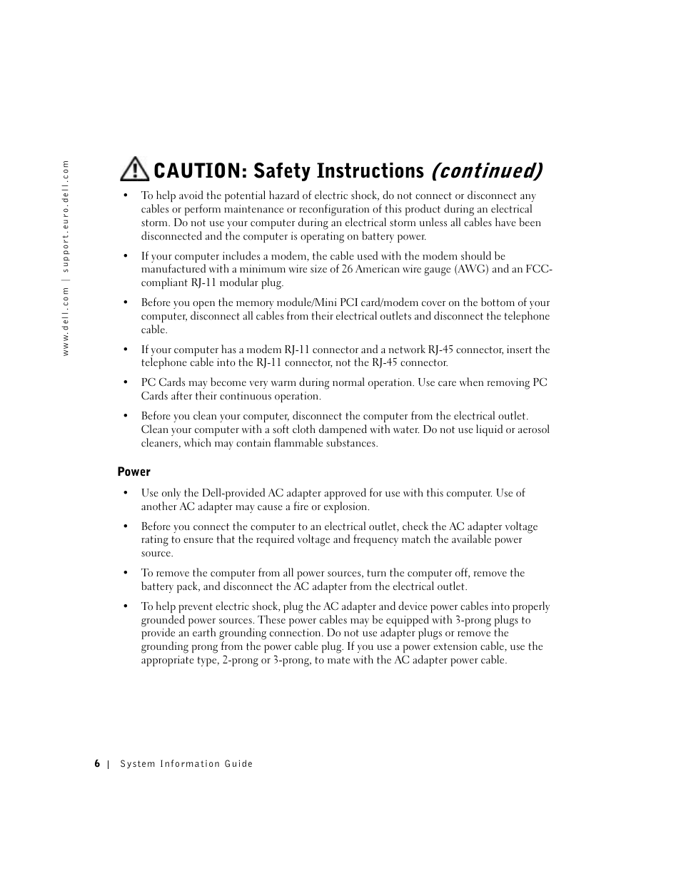 Power, Caution: safety instructions (continued) | Dell Latitude C640 User Manual | Page 8 / 192