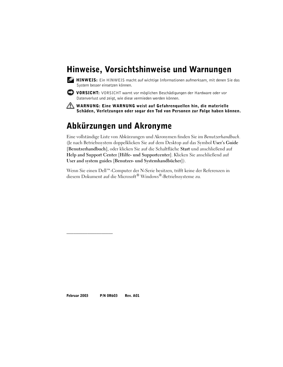 Hinweise, vorsichtshinweise und warnungen, Abkürzungen und akronyme | Dell Latitude C640 User Manual | Page 84 / 192