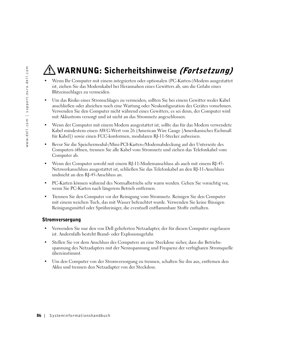 Stromversorgung, Warnung: sicherheitshinweise, Fortsetzung) | Dell Latitude C640 User Manual | Page 88 / 192