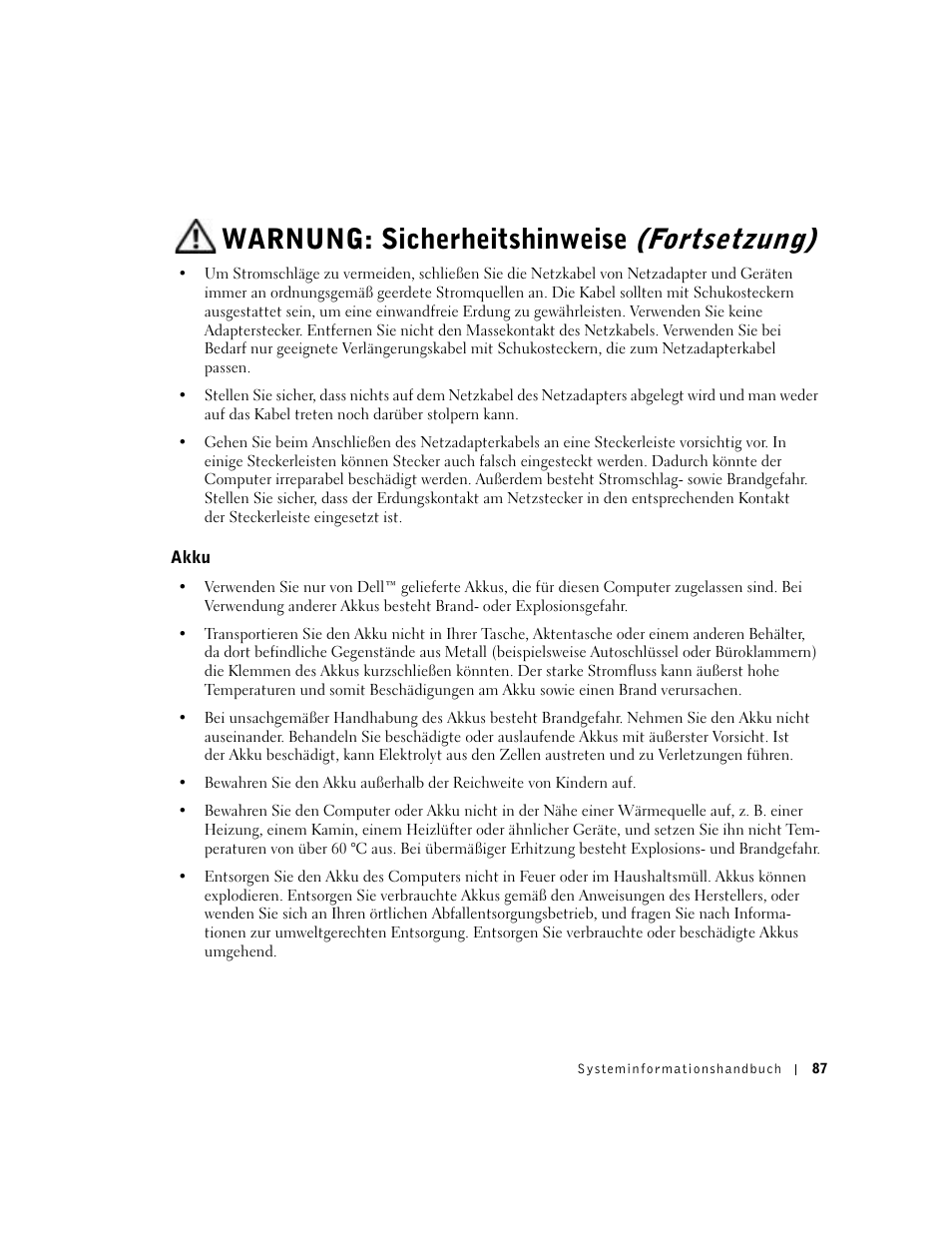 Akku, Warnung: sicherheitshinweise, Fortsetzung) | Dell Latitude C640 User Manual | Page 89 / 192