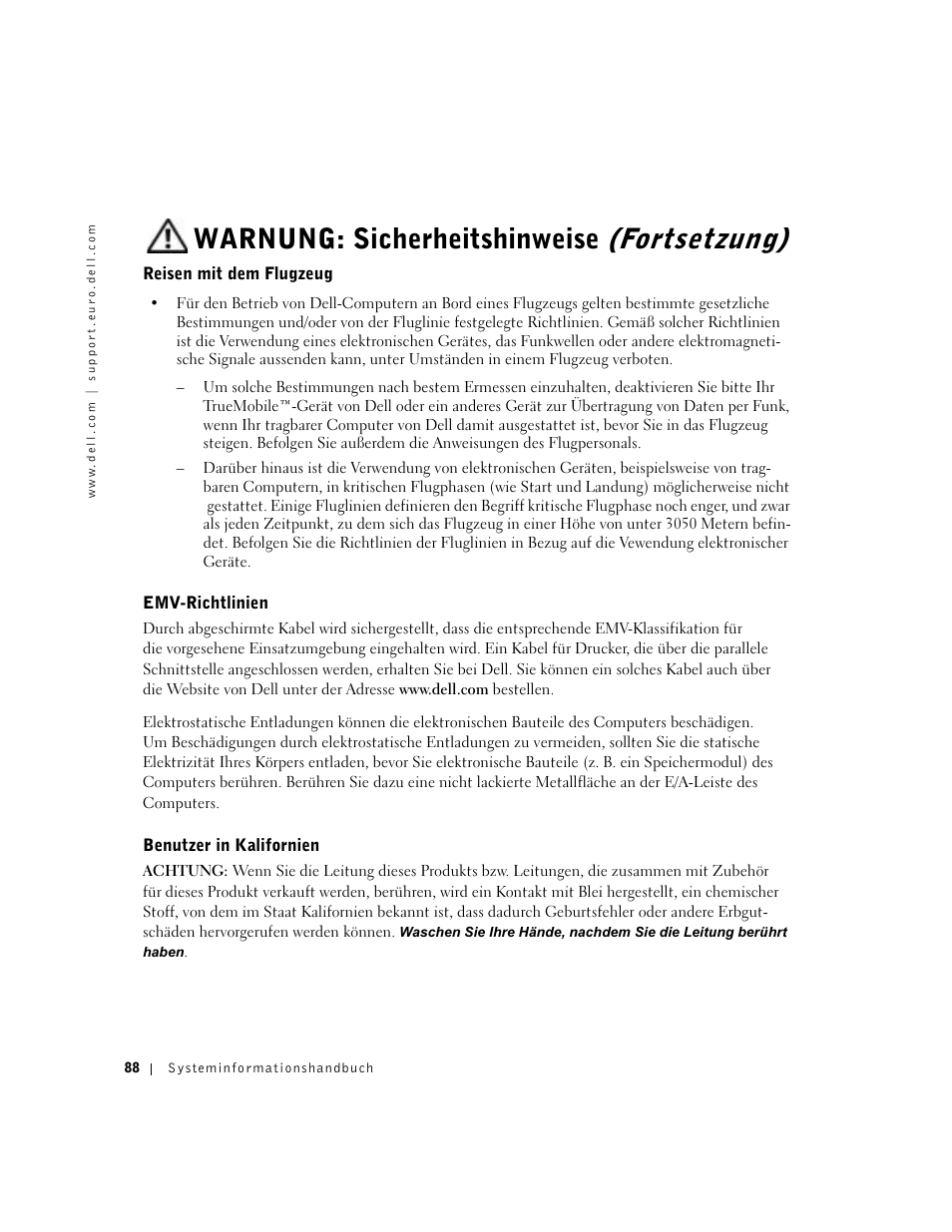 Reisen mit dem flugzeug, Emv-richtlinien, Benutzer in kalifornien | Warnung: sicherheitshinweise, Fortsetzung) | Dell Latitude C640 User Manual | Page 90 / 192