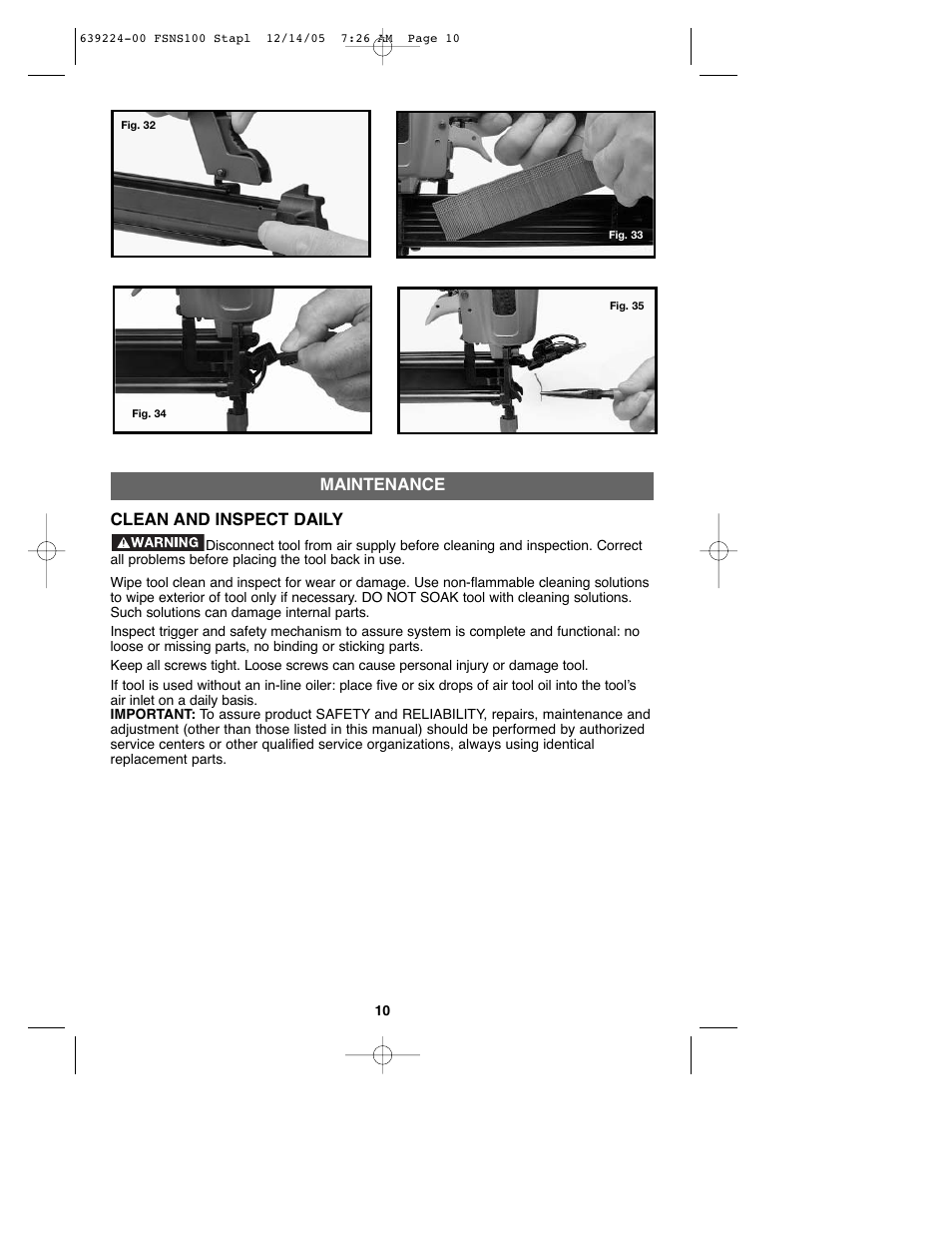 Maintenance clean and inspect daily | Black & Decker FSNS100 User Manual | Page 10 / 38