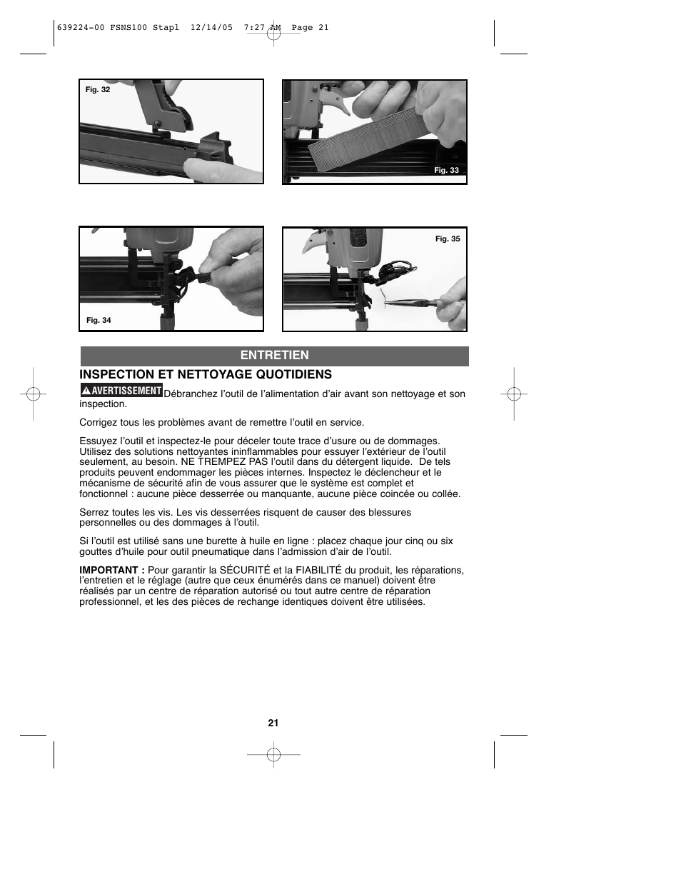 Inspection et nettoyage quotidiens, Entretien | Black & Decker FSNS100 User Manual | Page 21 / 38