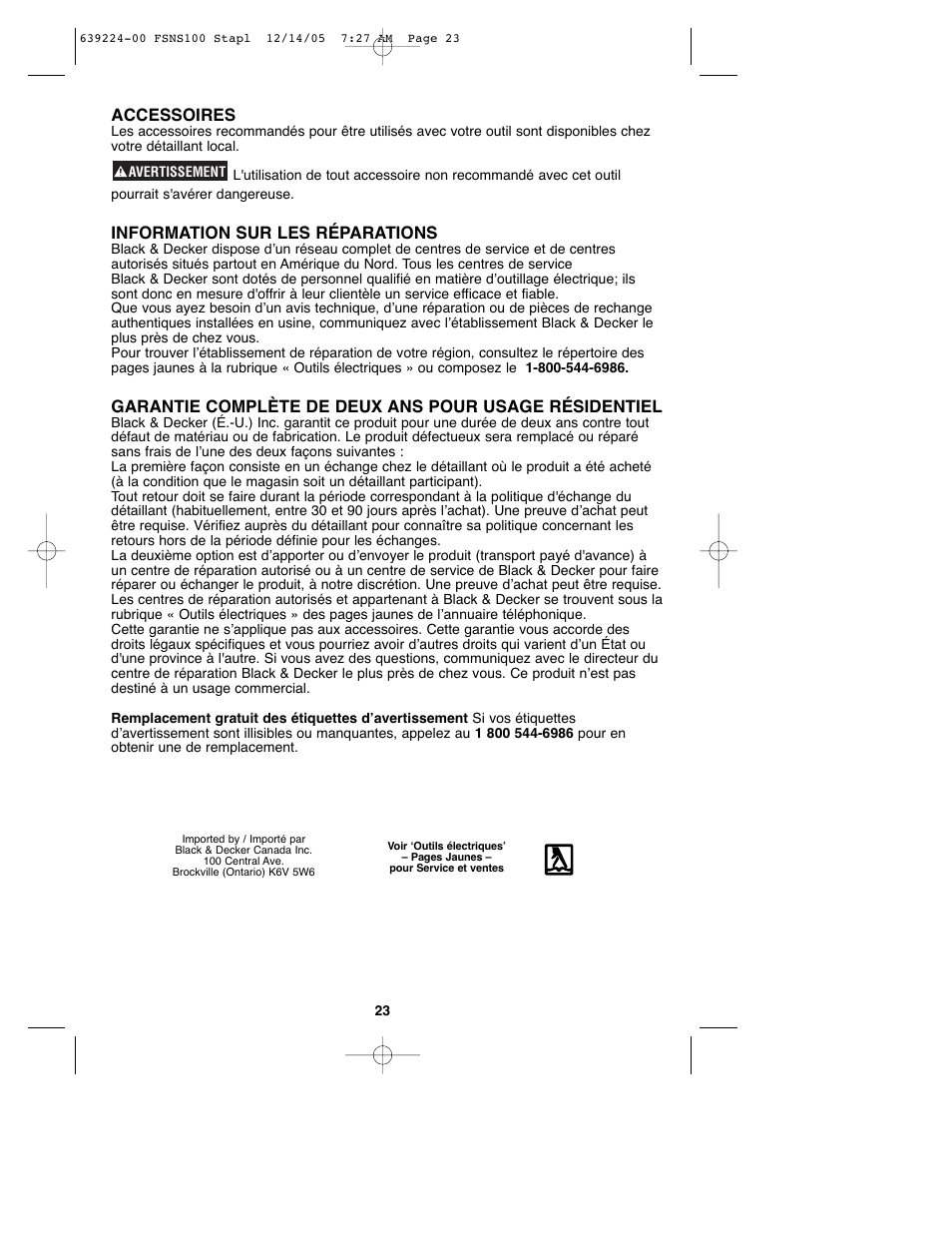 Accessoires, Information sur les réparations | Black & Decker FSNS100 User Manual | Page 23 / 38