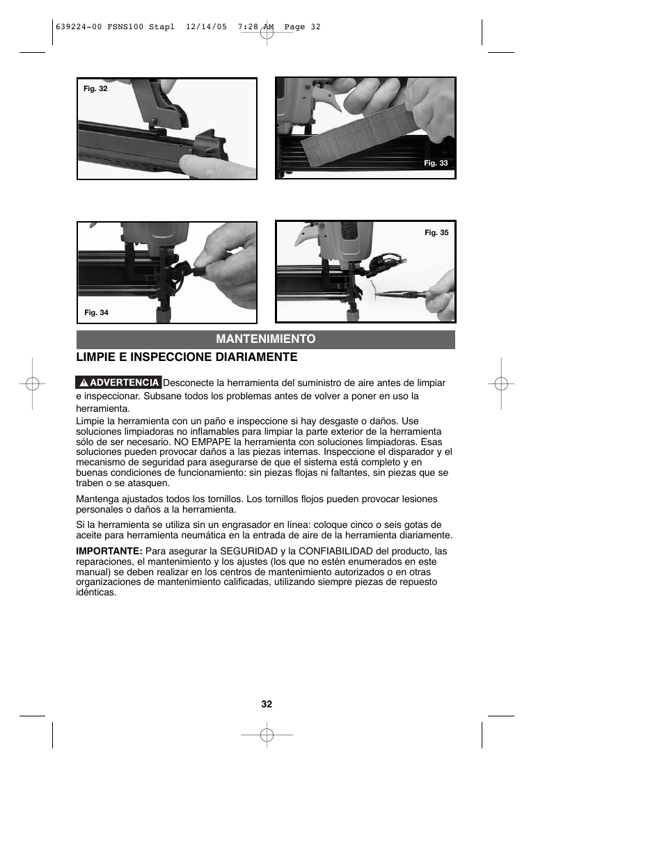 Mantenimiento limpie e inspeccione diariamente | Black & Decker FSNS100 User Manual | Page 32 / 38