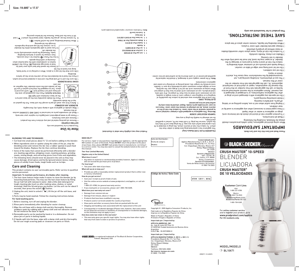 Black & Decker BL10471 User Manual | 2 pages