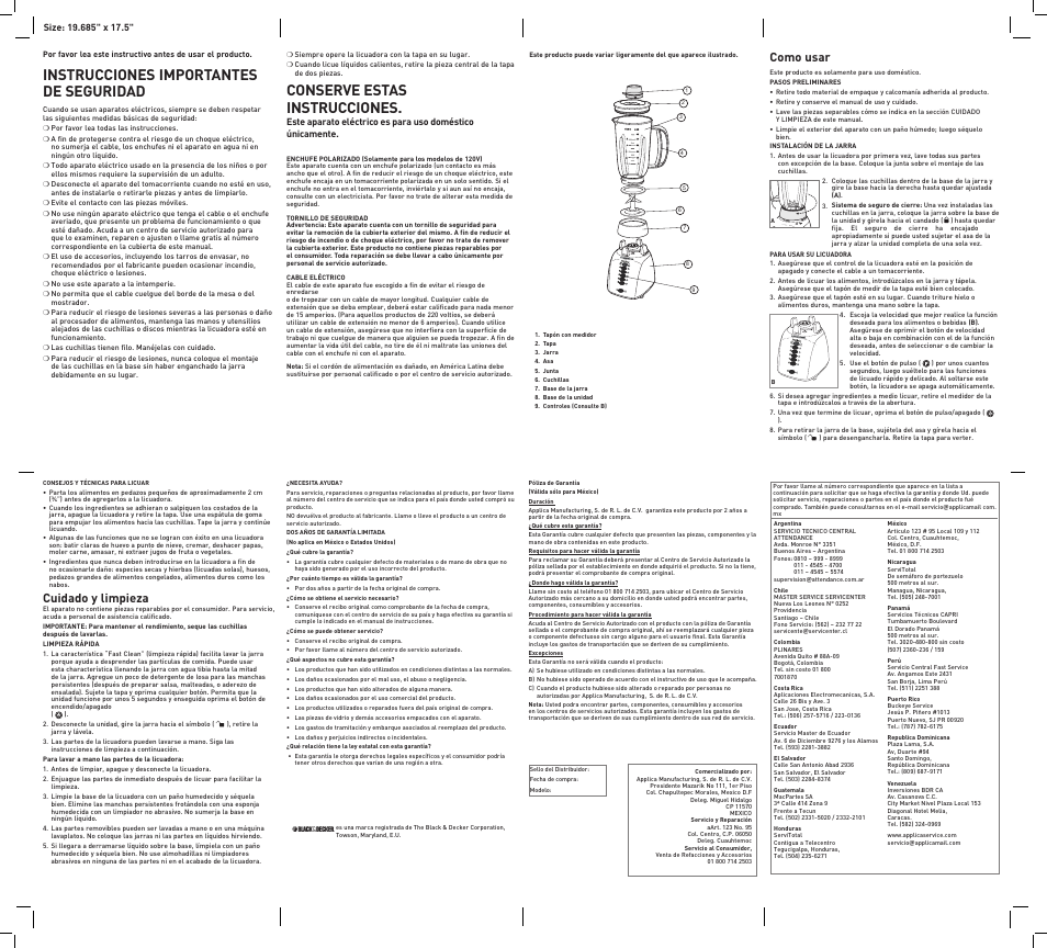 Instrucciones importantes de seguridad, Conserve estas instrucciones, Como usar | Cuidado y limpieza | Black & Decker BL10471 User Manual | Page 2 / 2