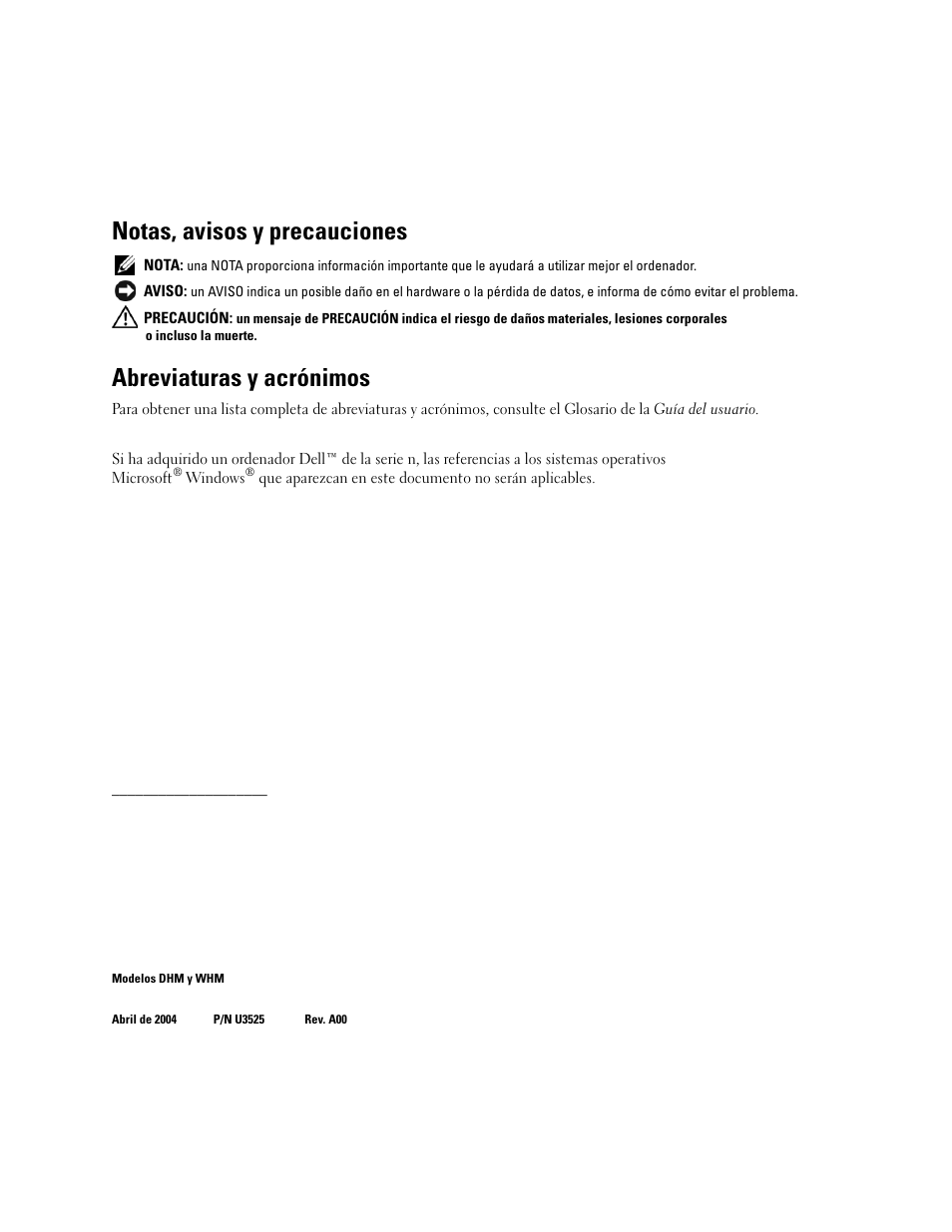 Notas, avisos y precauciones, Abreviaturas y acrónimos | Dell Precision 370 User Manual | Page 164 / 204