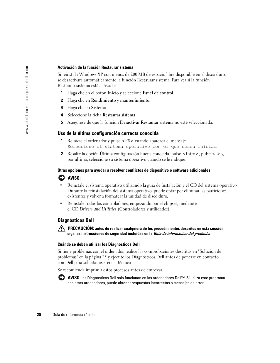 Uso de la última configuración correcta conocida, Diagnósticos dell | Dell Precision 370 User Manual | Page 190 / 204
