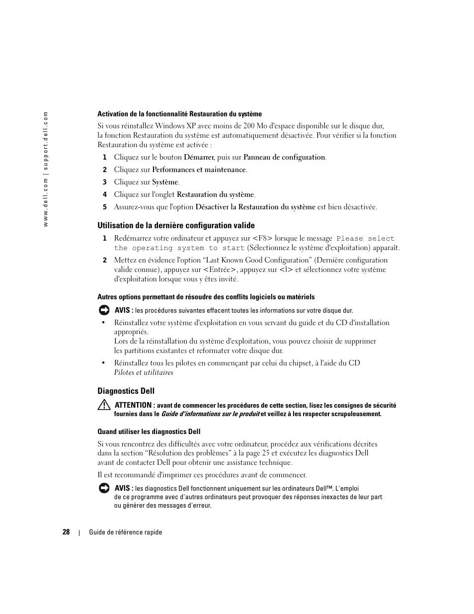 Utilisation de la dernière configuration valide, Diagnostics dell | Dell Precision 370 User Manual | Page 68 / 204