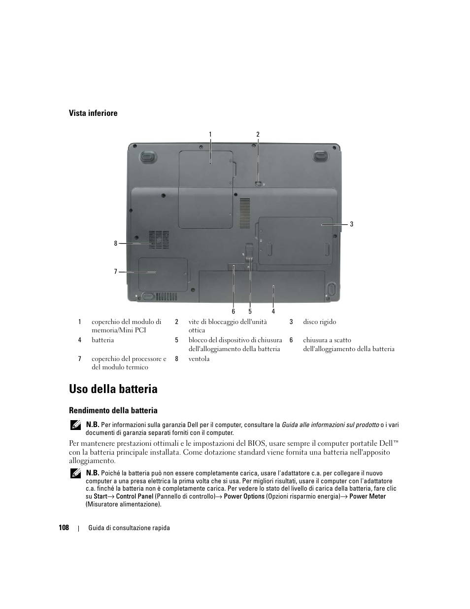 Vista inferiore, Uso della batteria, Rendimento della batteria | Dell Latitude 120L User Manual | Page 108 / 144