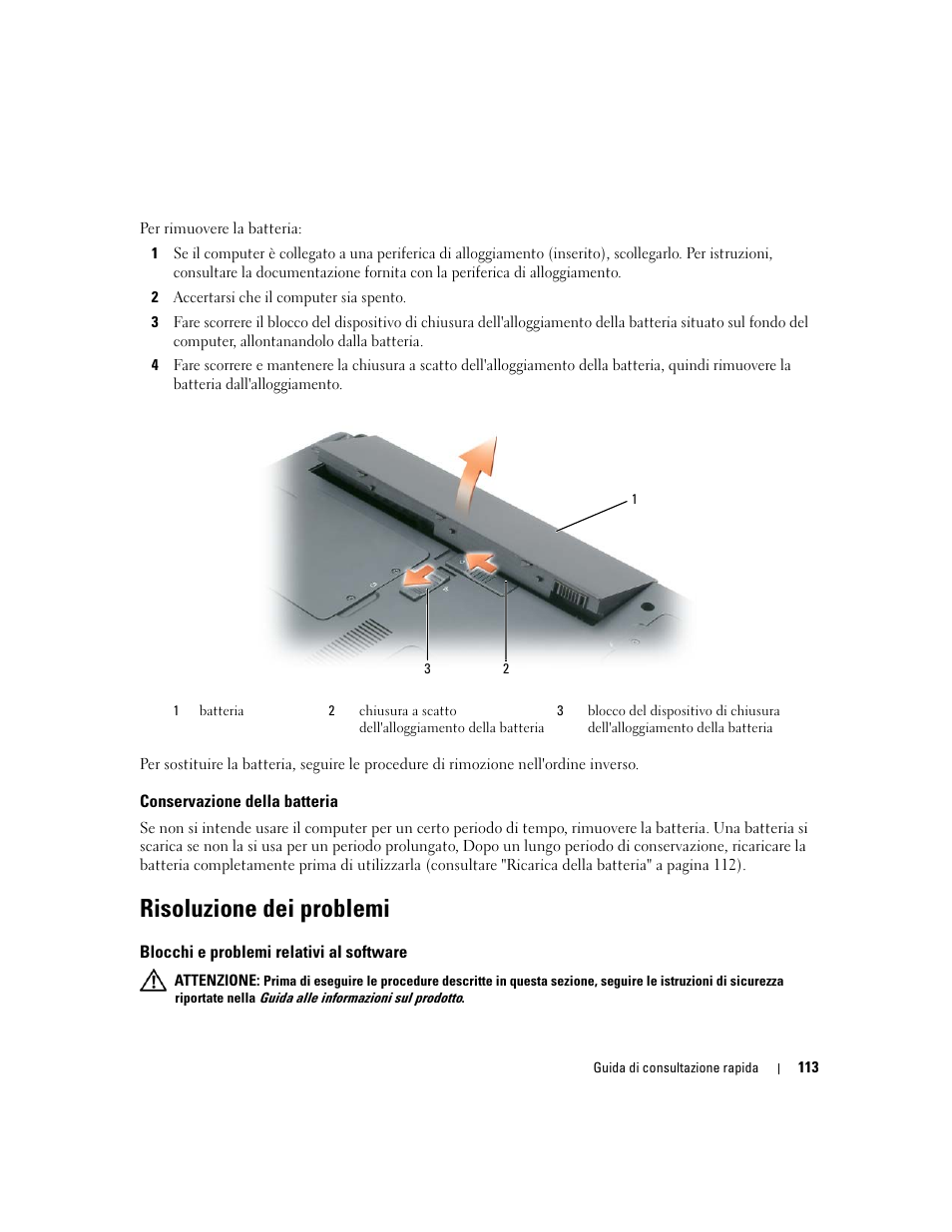 Conservazione della batteria, Risoluzione dei problemi, Blocchi e problemi relativi al software | Dell Latitude 120L User Manual | Page 113 / 144