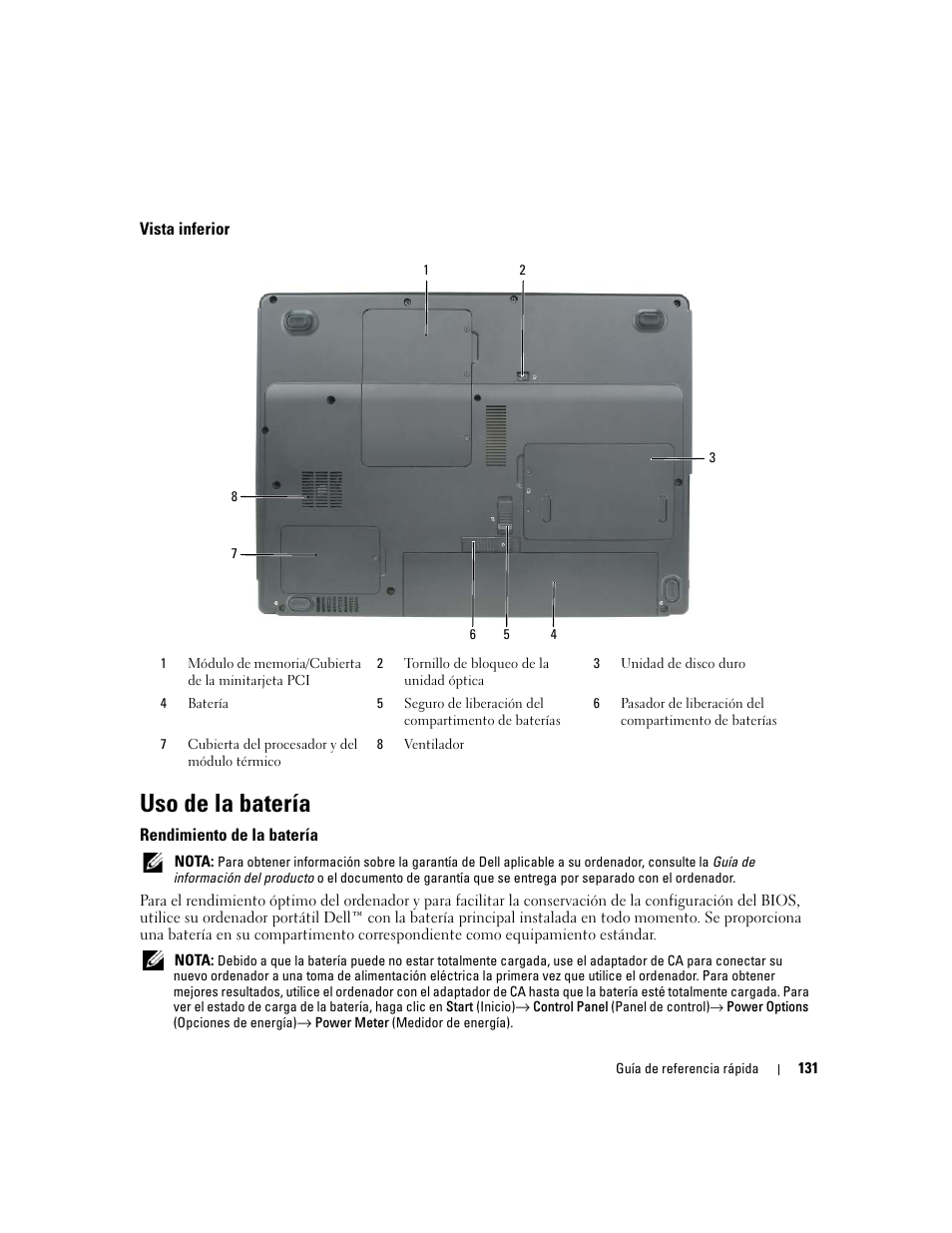 Vista inferior, Uso de la batería, Rendimiento de la batería | Dell Latitude 120L User Manual | Page 131 / 144