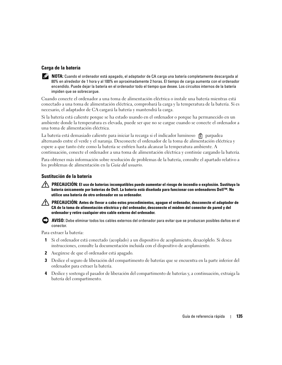 Carga de la batería, Sustitución de la batería | Dell Latitude 120L User Manual | Page 135 / 144