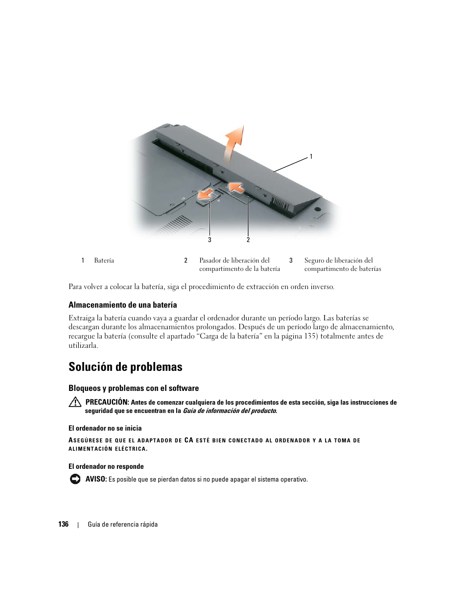 Almacenamiento de una batería, Solución de problemas, Bloqueos y problemas con el software | Dell Latitude 120L User Manual | Page 136 / 144