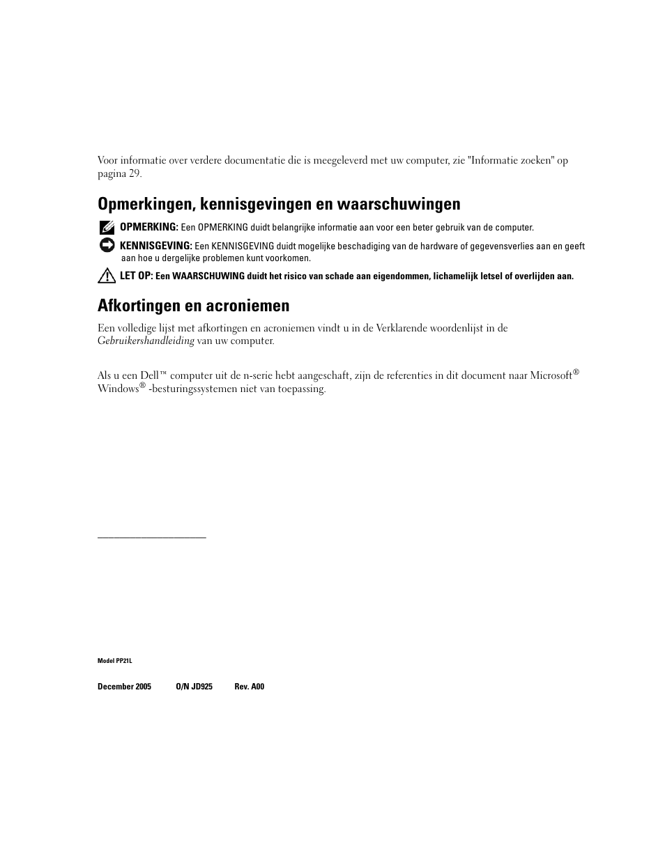 Opmerkingen, kennisgevingen en waarschuwingen, Afkortingen en acroniemen | Dell Latitude 120L User Manual | Page 26 / 144