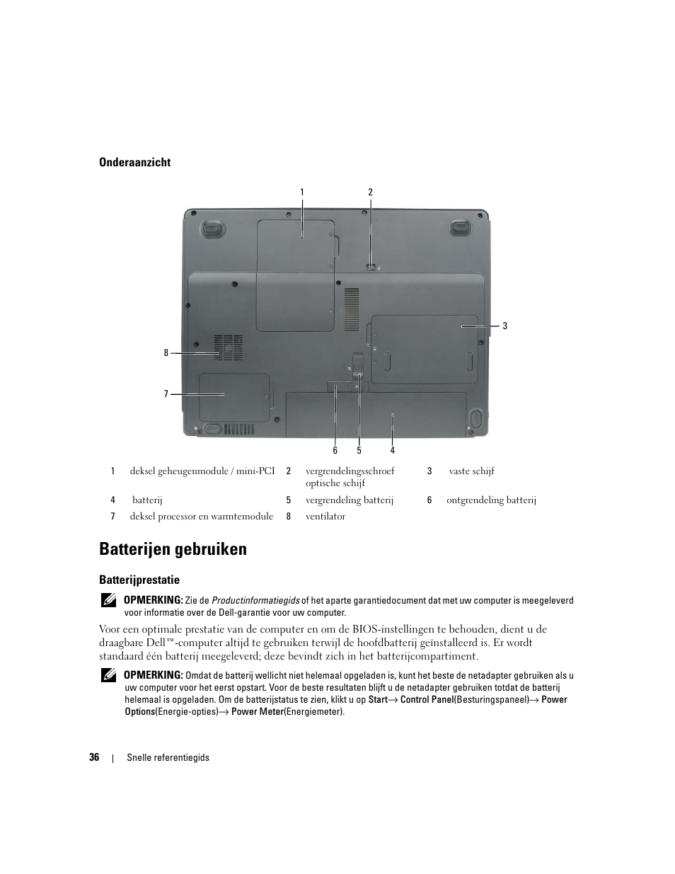 Onderaanzicht, Batterijen gebruiken, Batterijprestatie | Dell Latitude 120L User Manual | Page 36 / 144